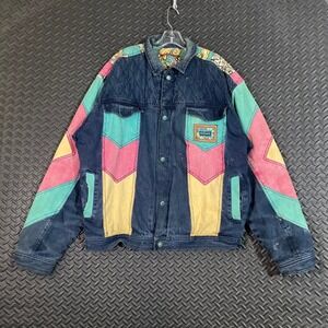 Vintage Major Damage Color Block Denim‎ Jacket Quilted Lined 90s Hip Hop Mens XL